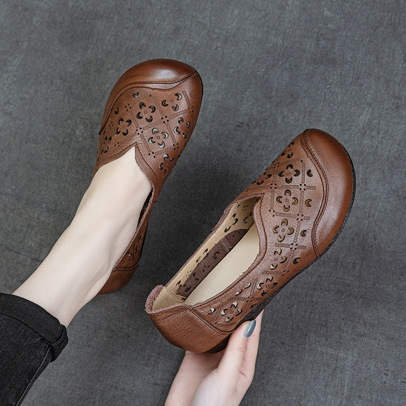 Women's & Men's Layer Cowhide Hollow Retro Flat-heeled Soft Bottom Slip-on Casual Shoes