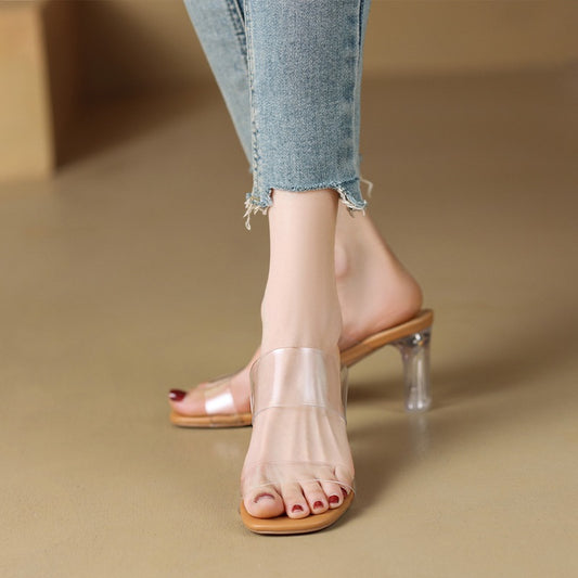 Women's Transparent Crystal With Chunky Slip-on Summer Sandals
