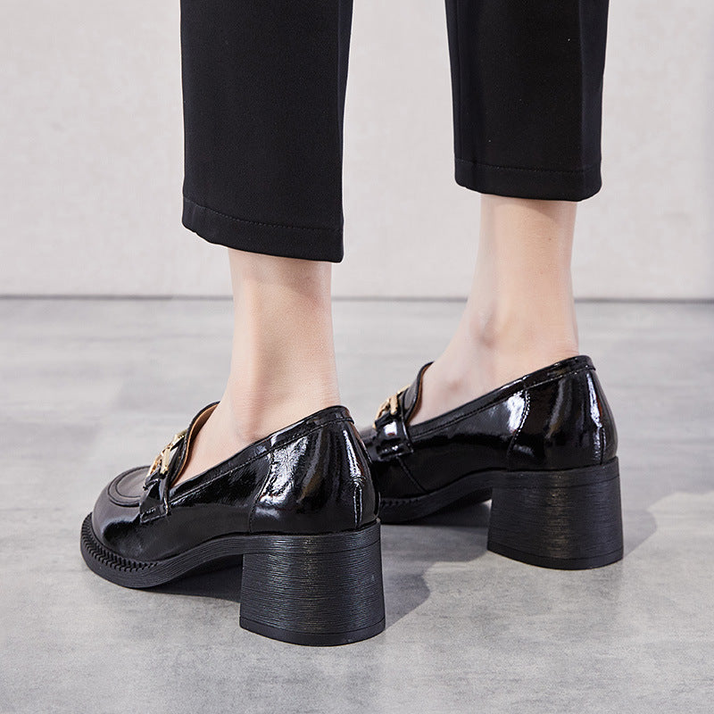 Women's Style Genuine Pumps Autumn Chunky Height Increasing Retro Round Casual Shoes