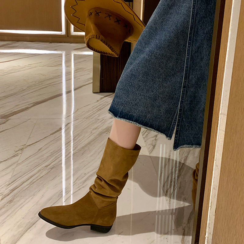 Women's Pile Style Pointed Toe Long Tube Western Boots