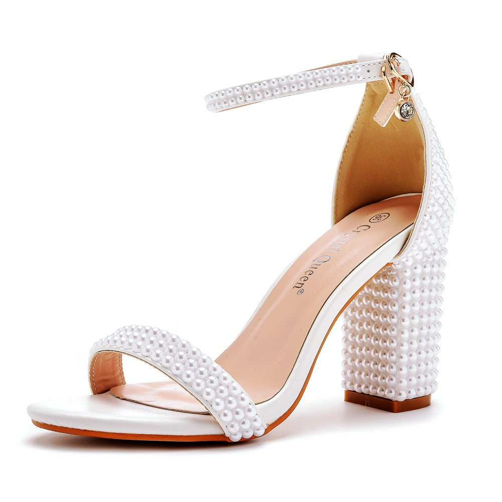 Low-cut Strap Round Toe Root White Heels