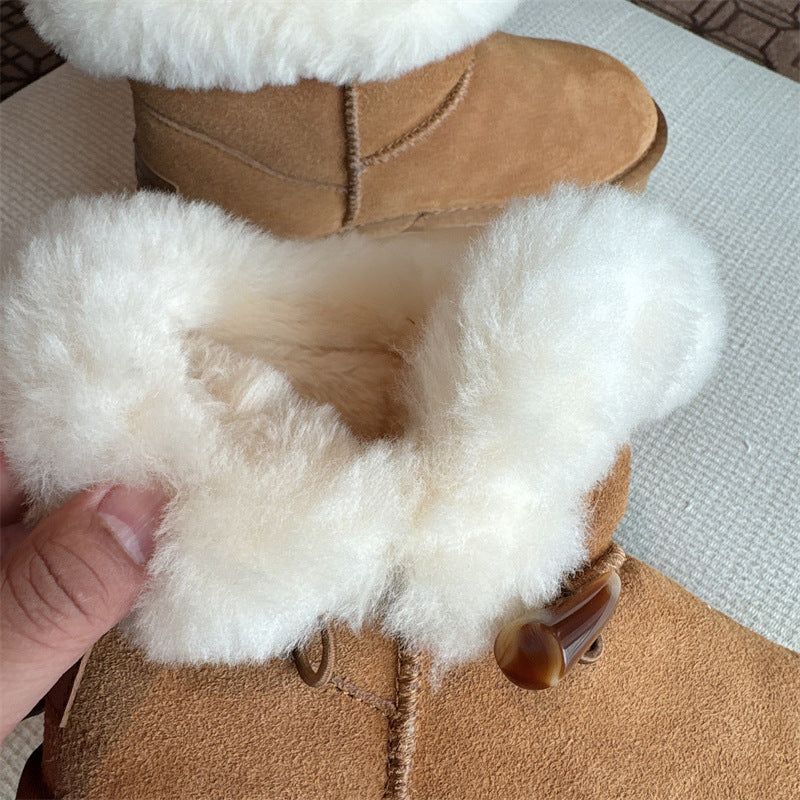 Women's Platform Horn Button Cowhide Wool Fleece Snow Boots