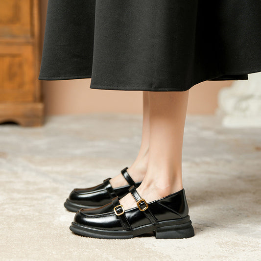 Female Round Toe Black Retro Chunky Loafers