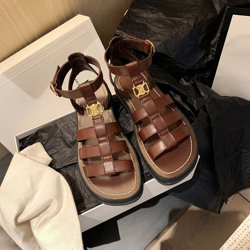 Women's Soft Sole Retro Brown Metal Buckle Sandals