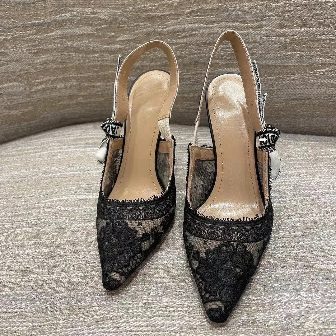 Women's Lace Summer Embroidered Bow Pointed Mesh Heels