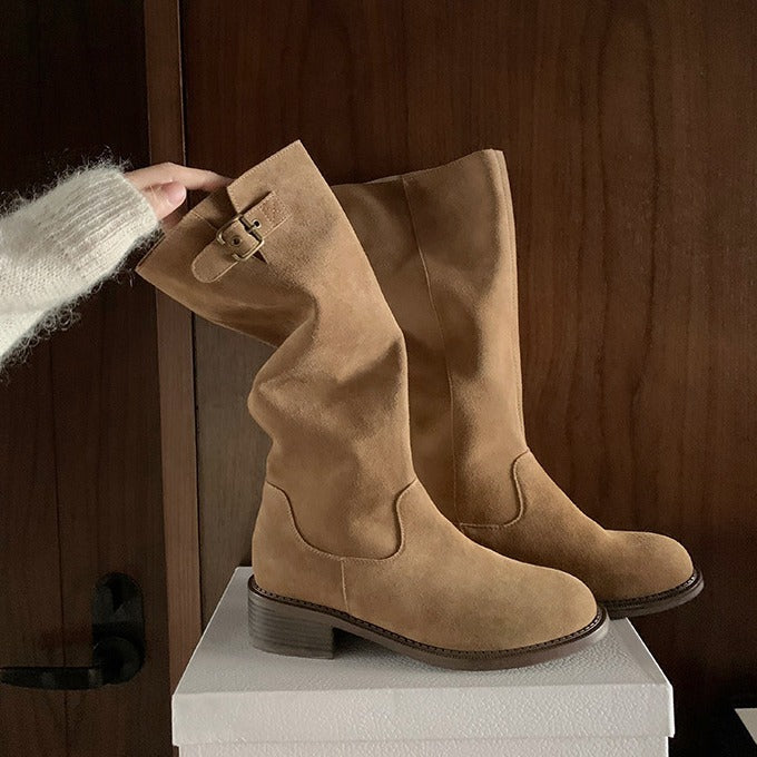 Head Buckled Chunky Below The Knee Boots