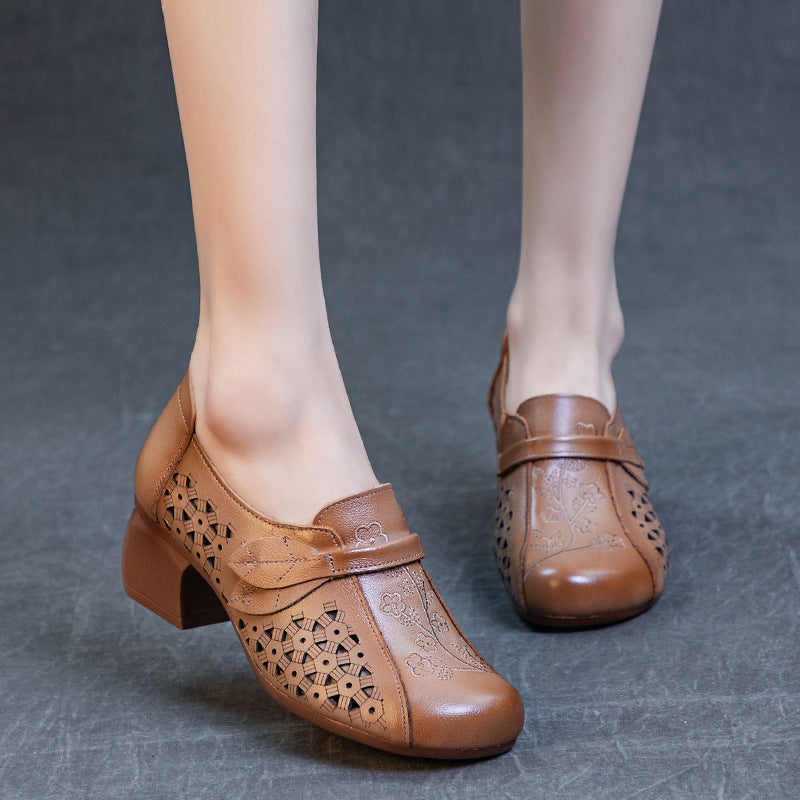 Women's Bottom Slip On Punching Pumps First Layer Cowhide Heels