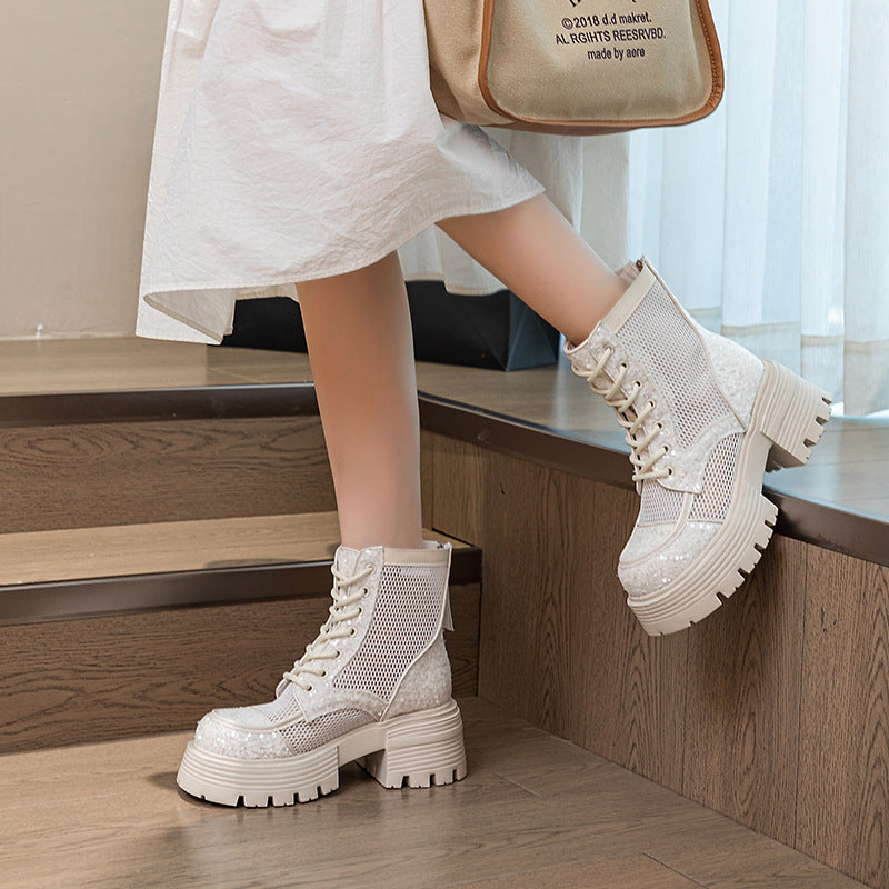 Women's Sexy Sequin Chunky Breathable Mesh High Sandals
