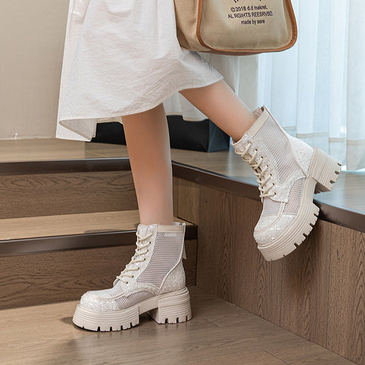 Women's Sexy Sequin Chunky Breathable Mesh High Sandals
