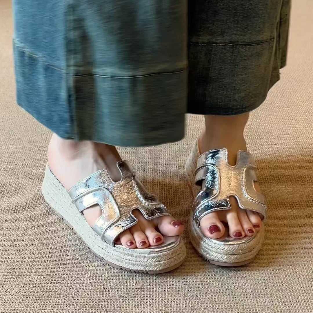 Women's Straw Woven Platform Wedge High Outer Sandals
