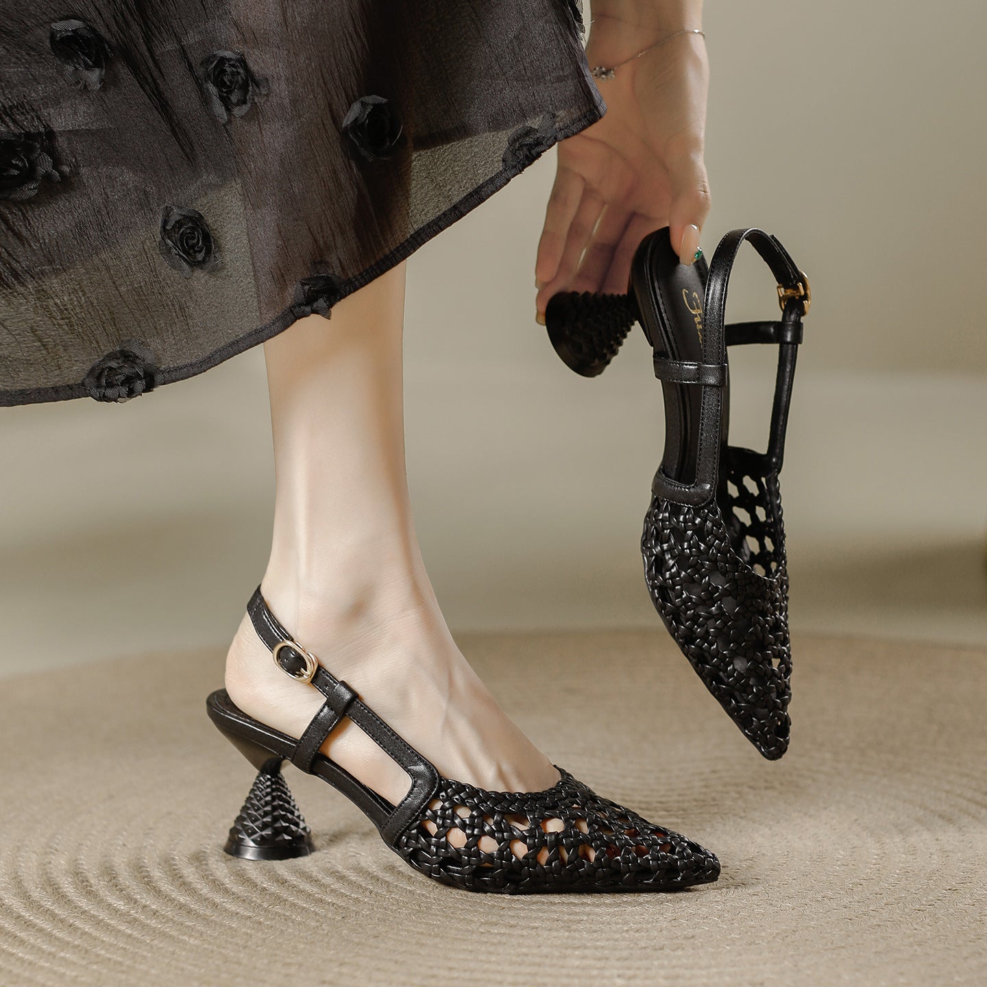 Women's Woven High Summer Breathable Strap Shallow Mouth Heels