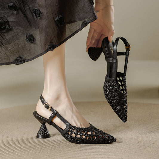Women's Woven High Summer Breathable Strap Shallow Mouth Heels