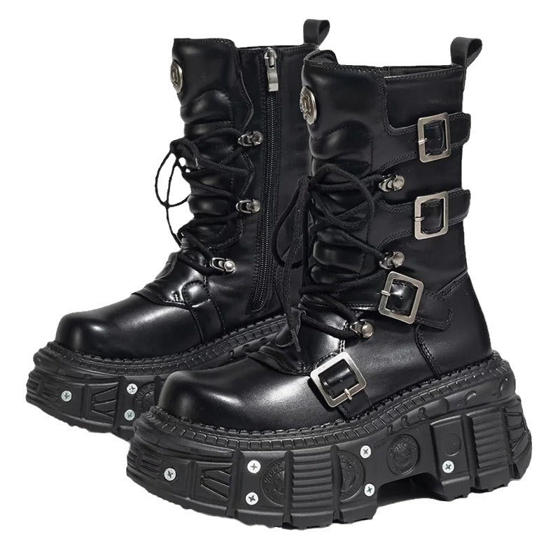 Women's Dark Punk Metal Tank Platform Middle Gothic Boots