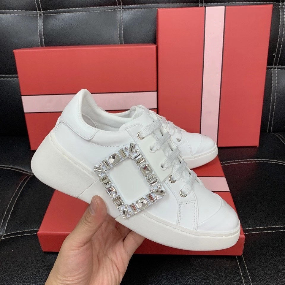 Women's Rhinestone Square Buckle White Inner Height Casual Shoes