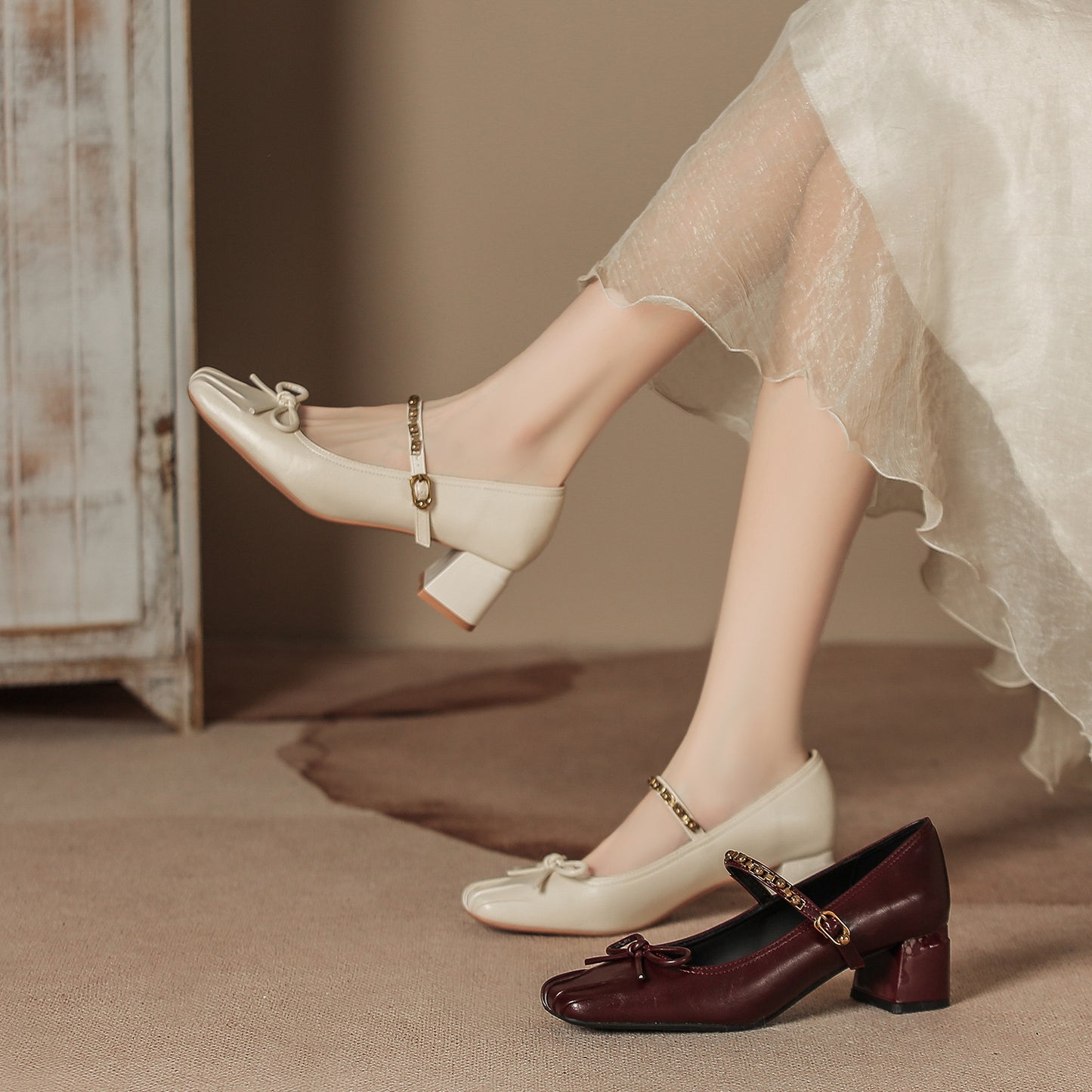 Women's French Style Temperament Pumps Bow High High-grade Chunky Square Women's Shoes