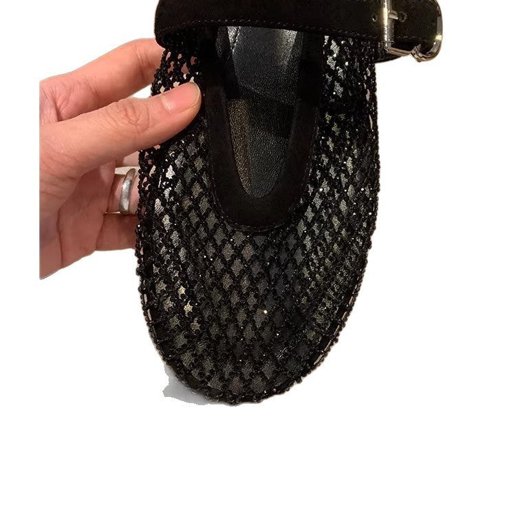 Women's Sheepskin Rhinestone Fishnet Pumps With Mary Women's Fashion Shoes