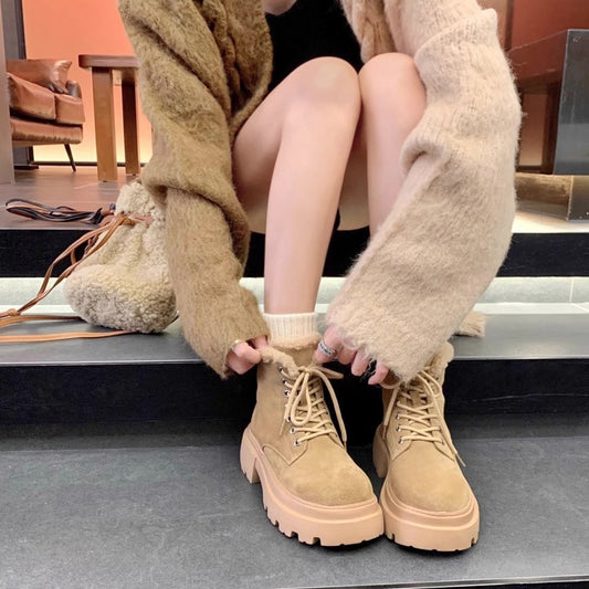 Women's Cowhide Korean Style Fleece-lined Thick Motorcycle Thick-soled Boots