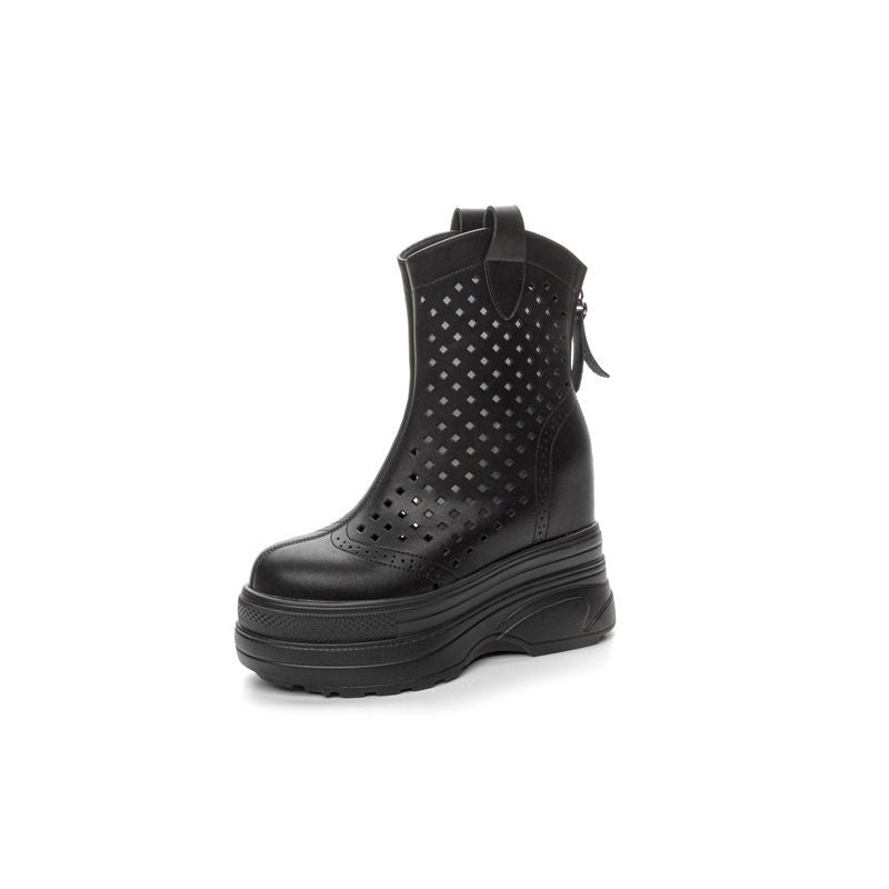 Women's Platform Skinny Elevator Perforated High Riding Boots