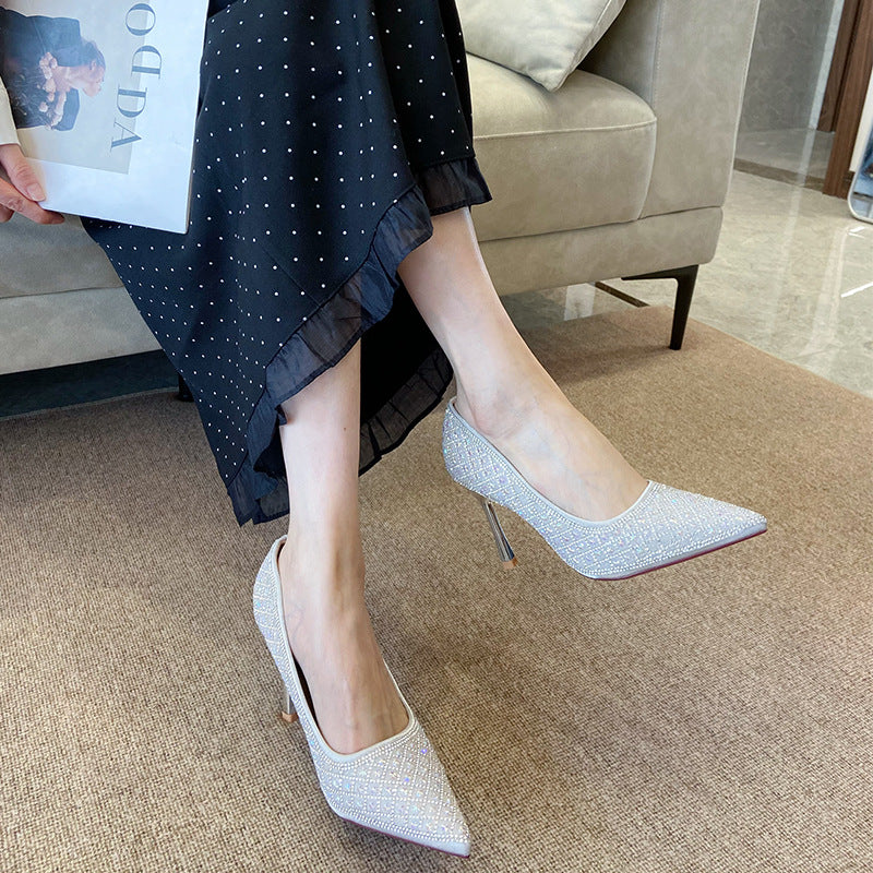 Spring Pointed Crystal Pearl Full Diamond Low-cut Heels