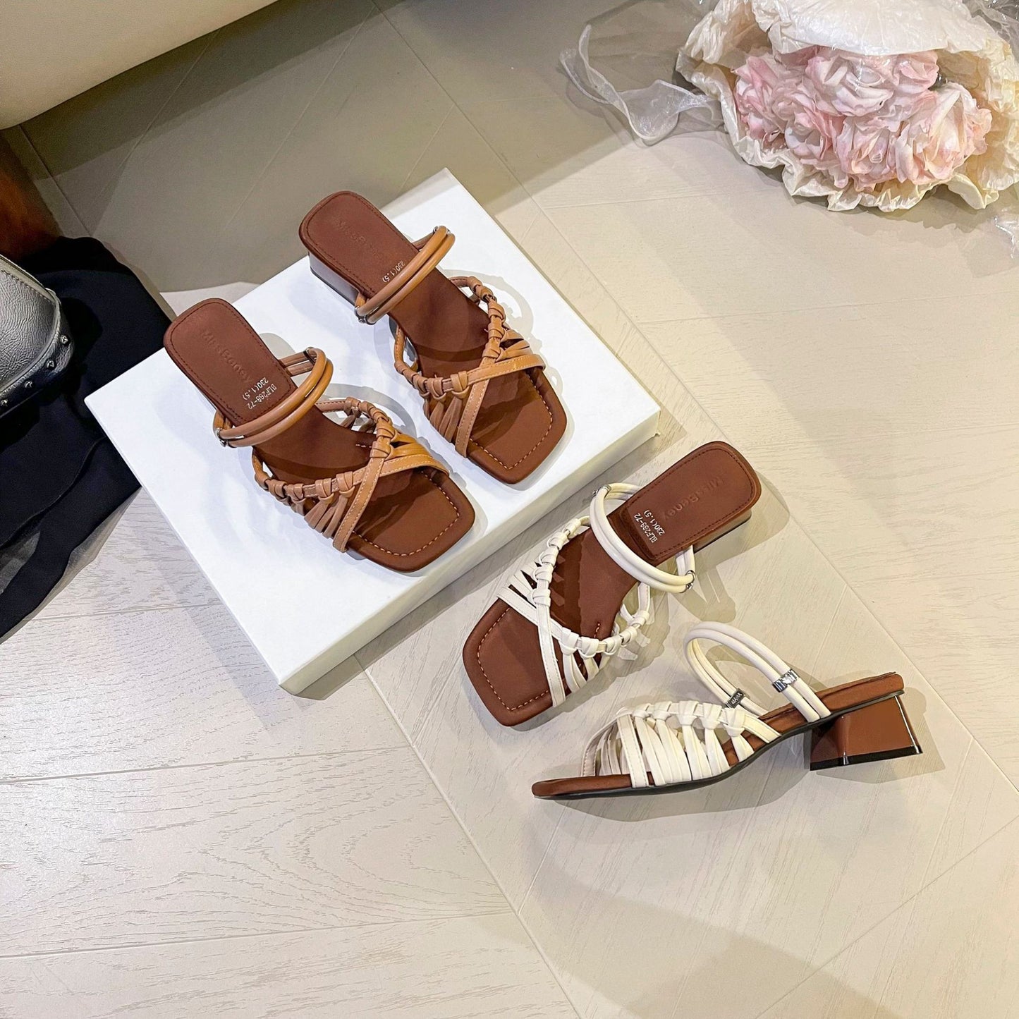 Temperament Woven Strap Open Toe Chunky Heels