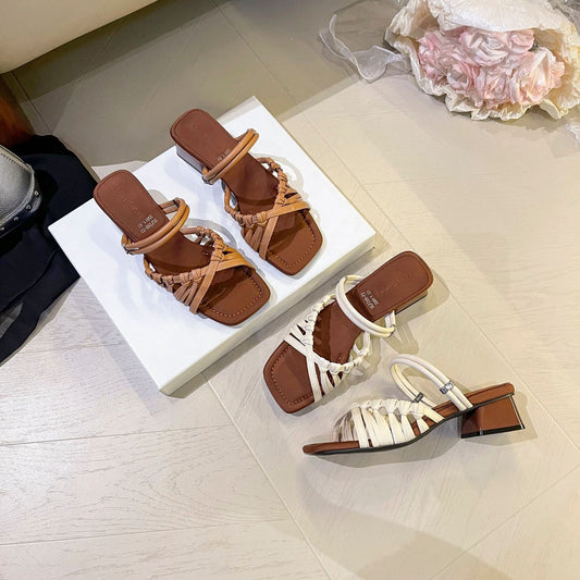 Temperament Woven Strap Open Toe Chunky Heels