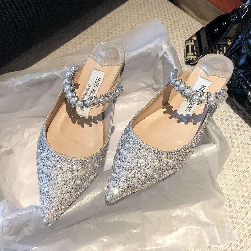 Women's Elegant Outer Wear Rhinestone Pearls Strap Slingback Closed Toe Sandals