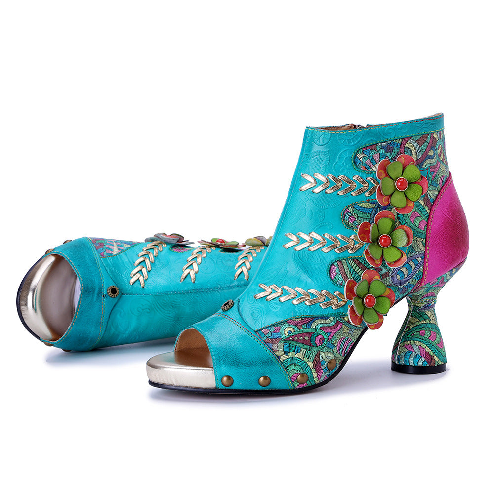 Women's Hand-rub Color Stitching Fashion Three-dimensional Flower Heels