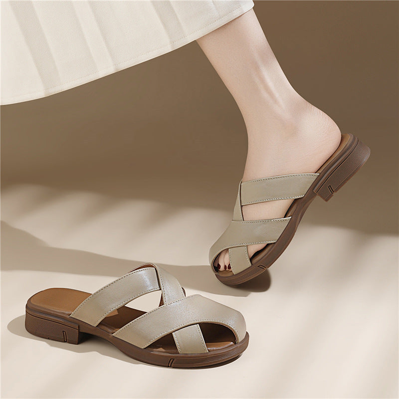 Women's Layer Cowhide Closed Toe Half Outer Wear Sandals