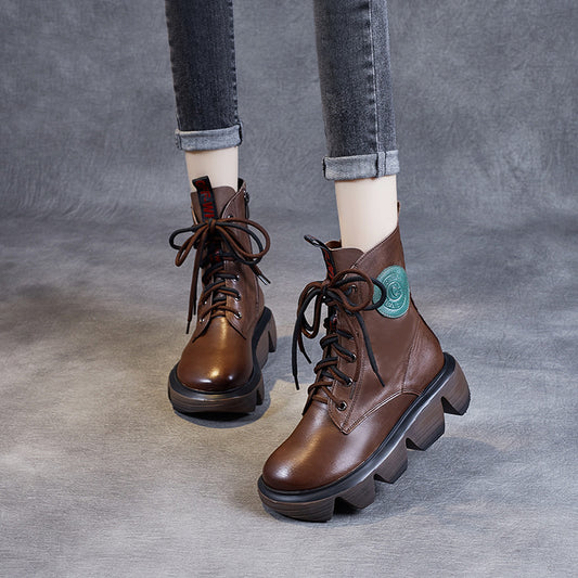 Women's Platform Wedge Booties Versatile Retro Cotton Lace Up Boots