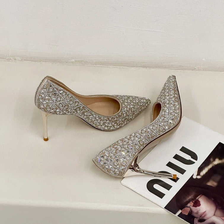 Women's French Style Pointed Toe Rhinestone Low-cut Stiletto Sexy Shiny Dress Women's Fashion Shoes