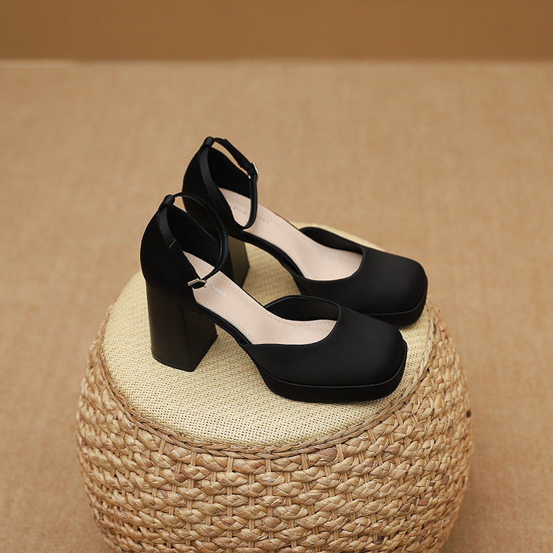 Women's Goddess Waterproof Platform Square Toe Hollow High Word Strap Heels