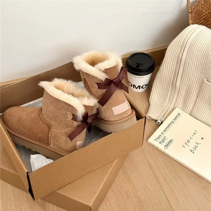 Women's Style Sheepskin Fur Integrated Single Ribbon Snow Boots