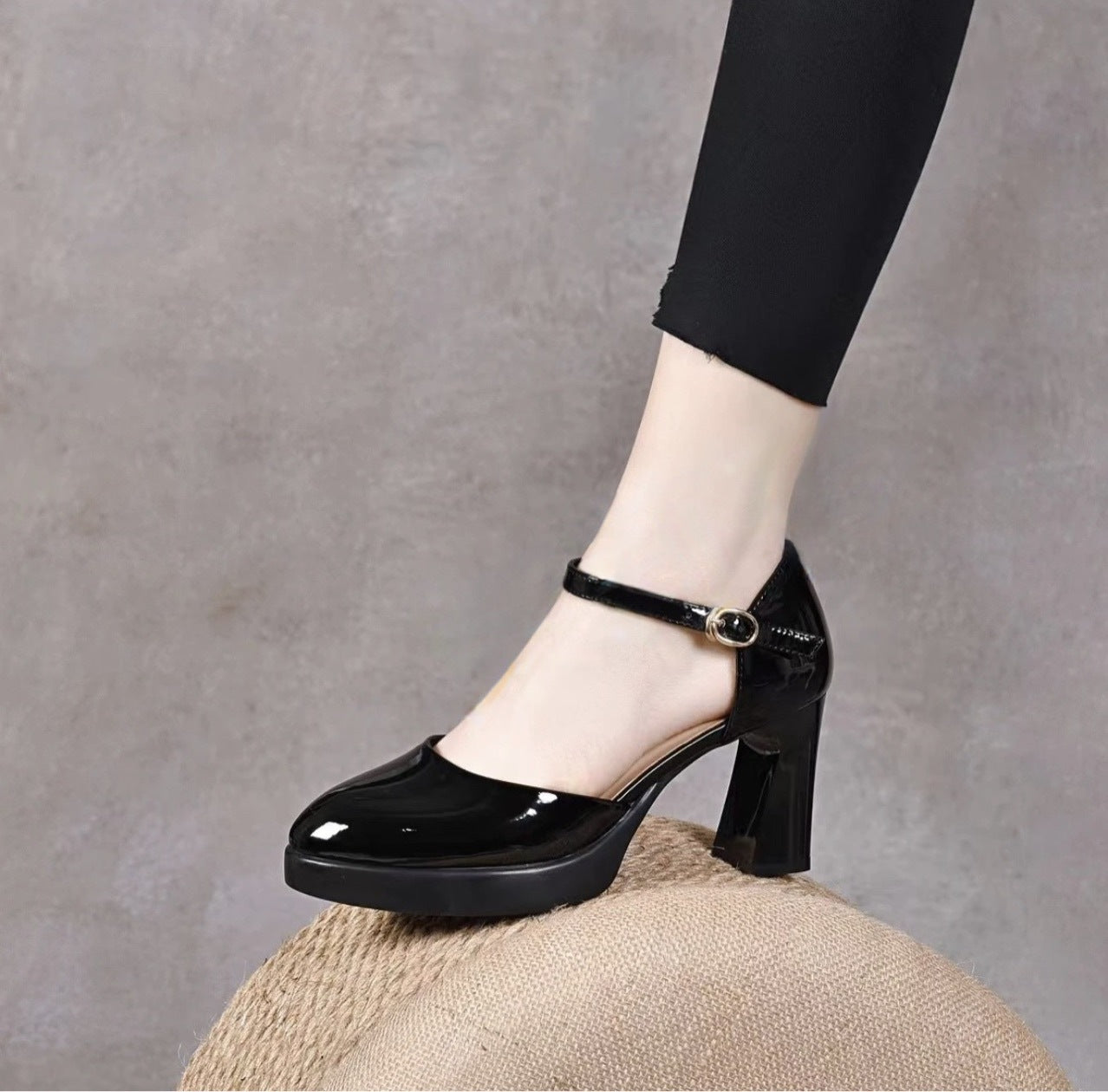 Women's Closed Toe Buckle Genuine Patent Pumps Heels