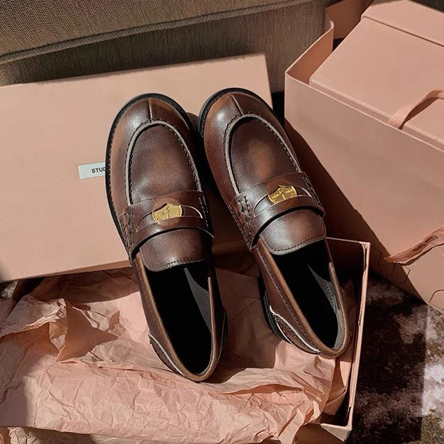 Women's Round Head Thick Bottom Retro Rub Colored Small Gold Loafers