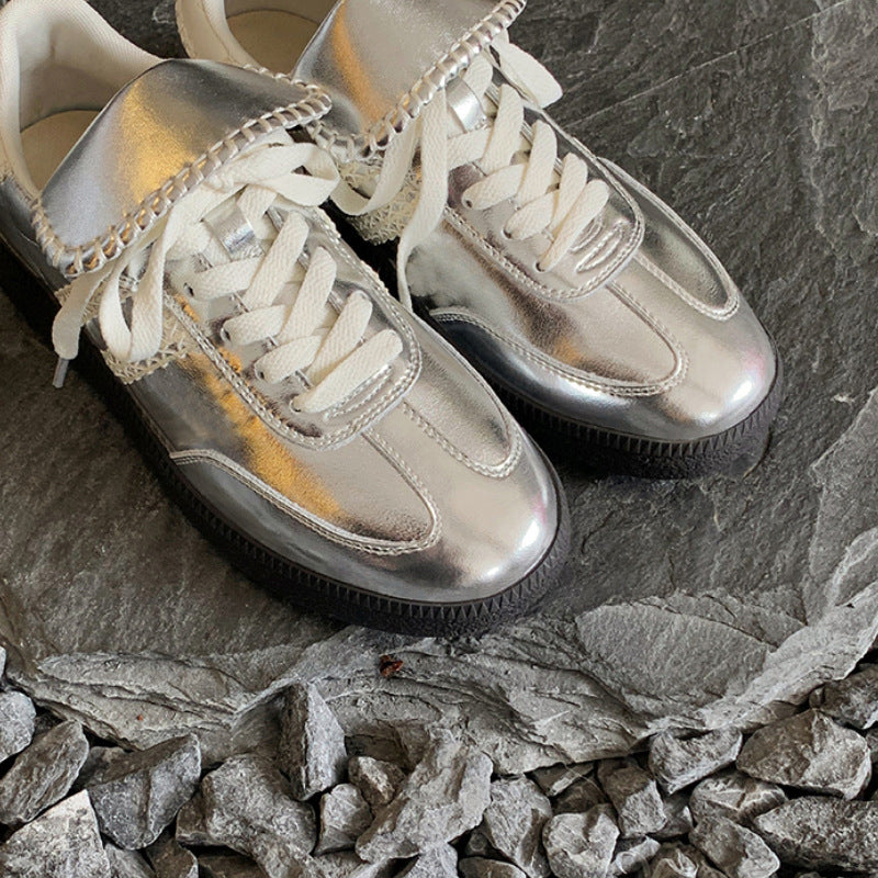 Women's White Round Toe Fold Design Color Matching Flat Sneakers