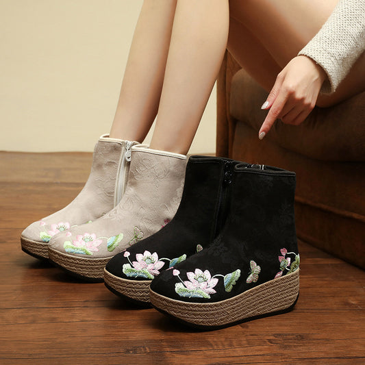 Jacquard Ethnic Style Fleece-lined Cotton Gold Mink Veet Lining Women's Shoes