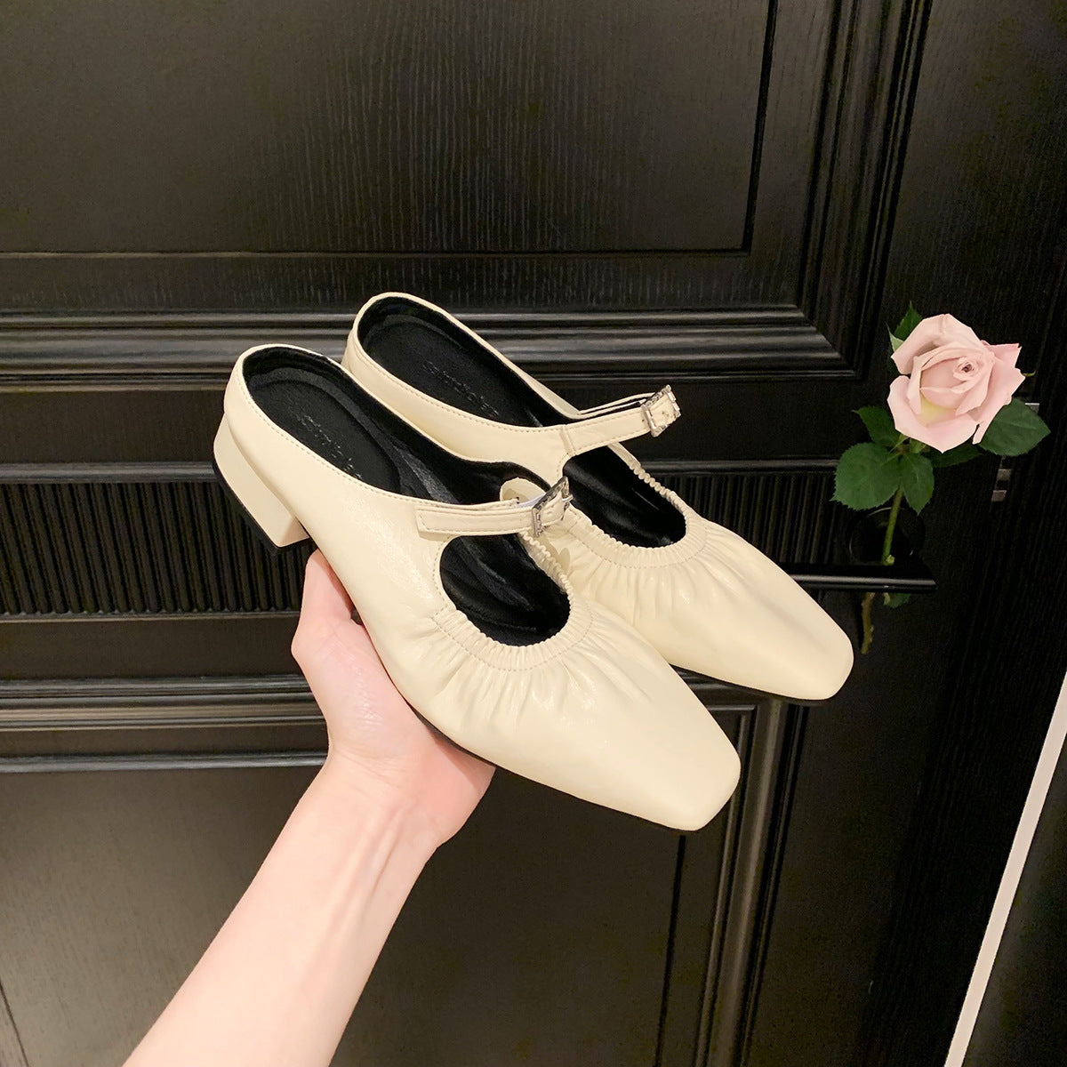 French Square Head Pleated Slip-on Rhinestone Buckle Muller Sandals