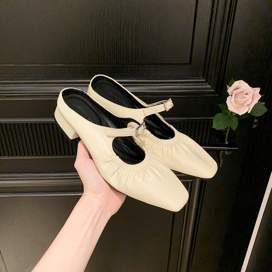 French Square Head Pleated Slip-on Rhinestone Buckle Muller Sandals