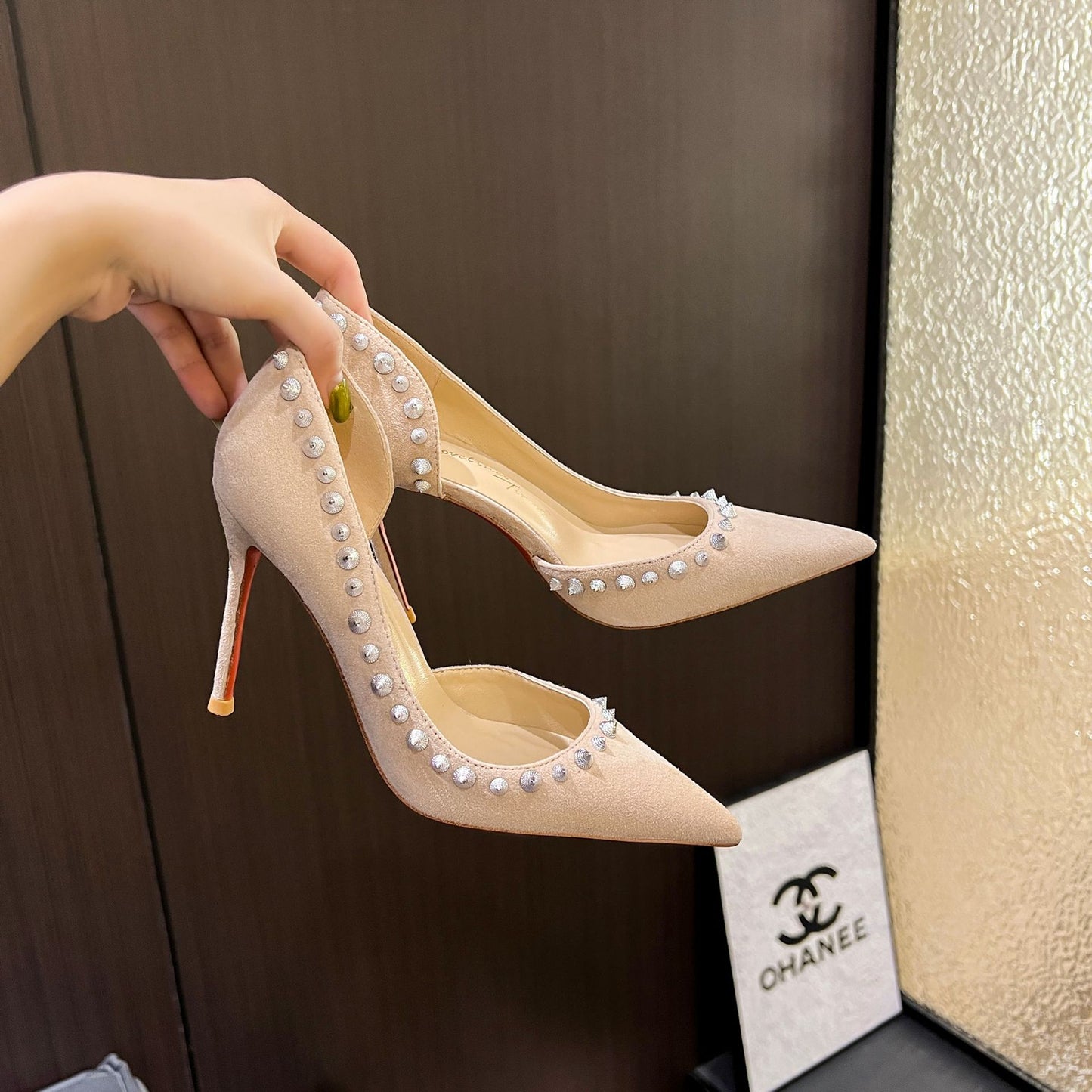 Women's Toe Suede Nude Pink Rivet Red Bottom High Heels