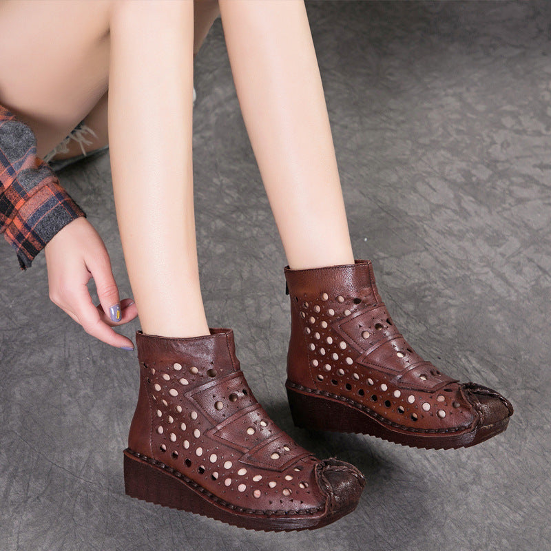 Women's Hole Wedge First Layer Cowhide Retro Sandals