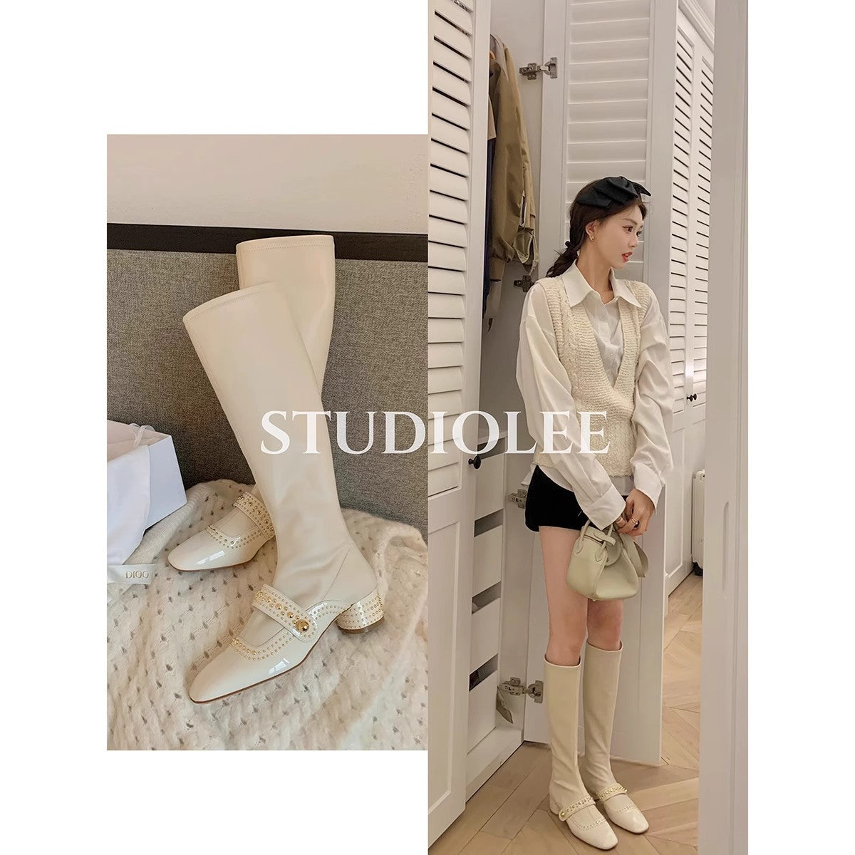 Women's Mom Temperament Square Toe Rivet Strap Boots