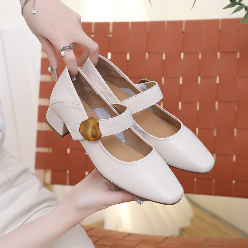 Women's Square Toe Genuine Spring Chunky Low-cut Fashion Women's Shoes