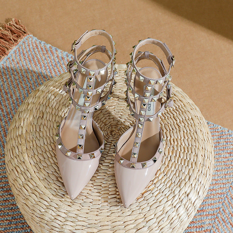 Women's Pointed Toe Cap Rivet Nude High Heels
