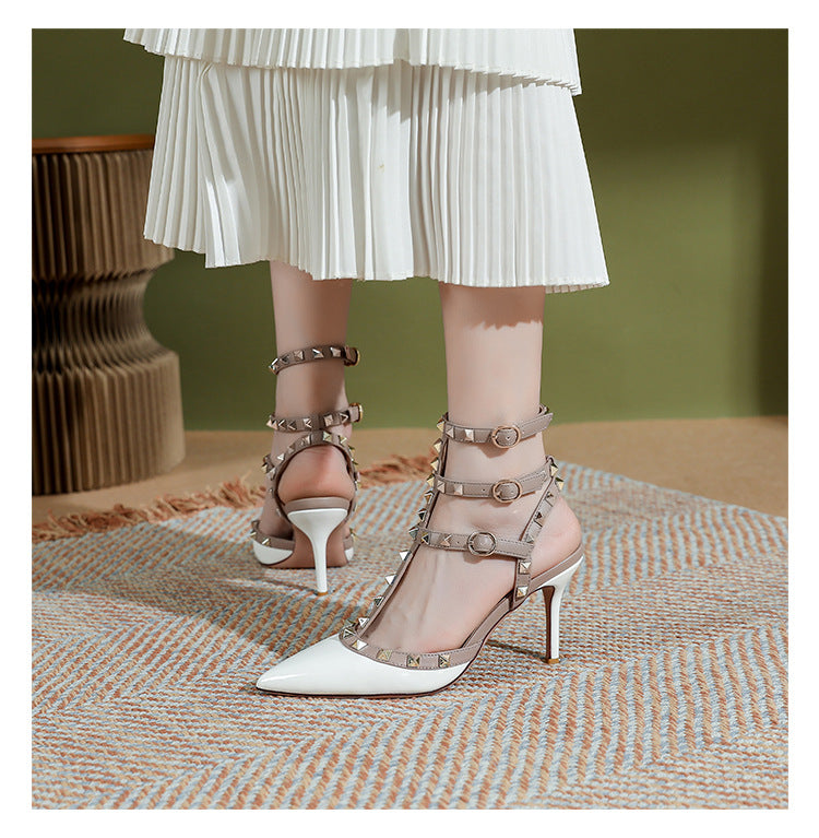 Women's Rivet High Summer V Home Strap Closed Toe Heels