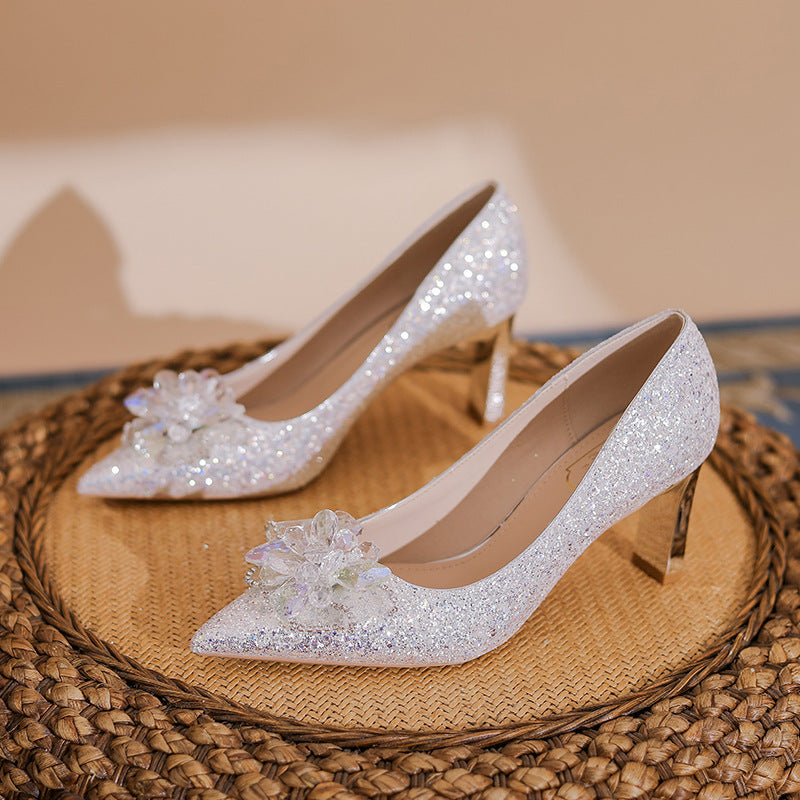 Women's Sier Shiny Wedding Dignified Rhinestone Flower Women's Shoes