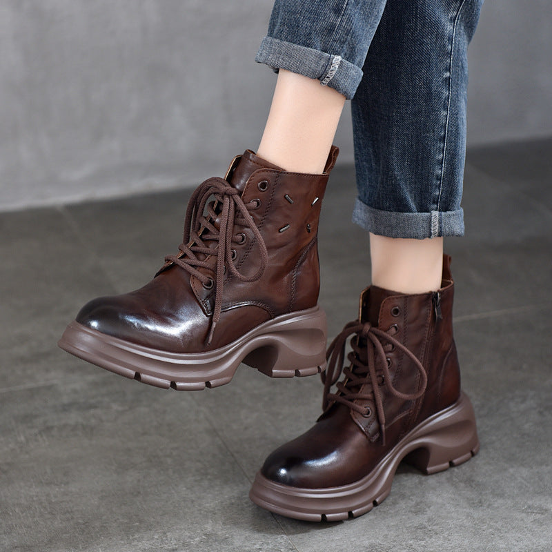 Women's Grip Pattern Top Layer Cowhide Platform Martin Boots
