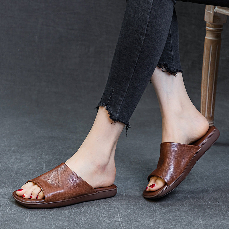 Women's First Layer Cowhide Summer One-word Artistic Retro Outer Sandals