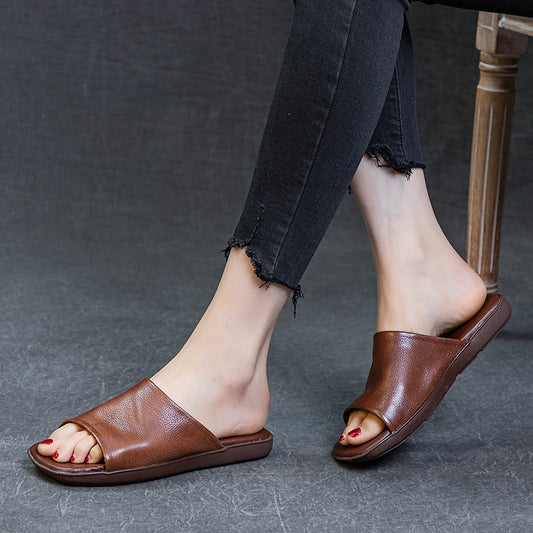 Women's First Layer Cowhide Summer One-word Artistic Retro Outer Sandals
