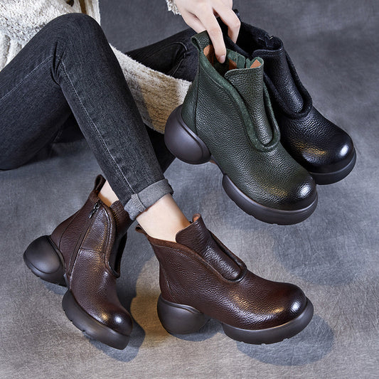 Women's Thick-soled Retro Artistic Round Head High Side Zipper Boots