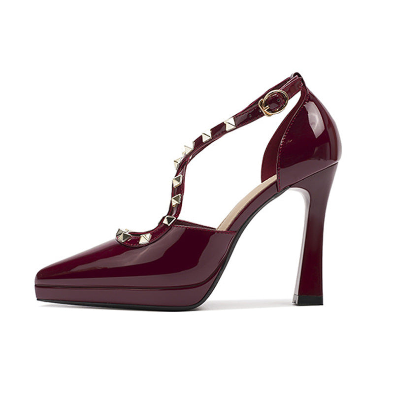 Women's Cross Rivet Pointed Toe Stiletto High Waterproof Platform Heels